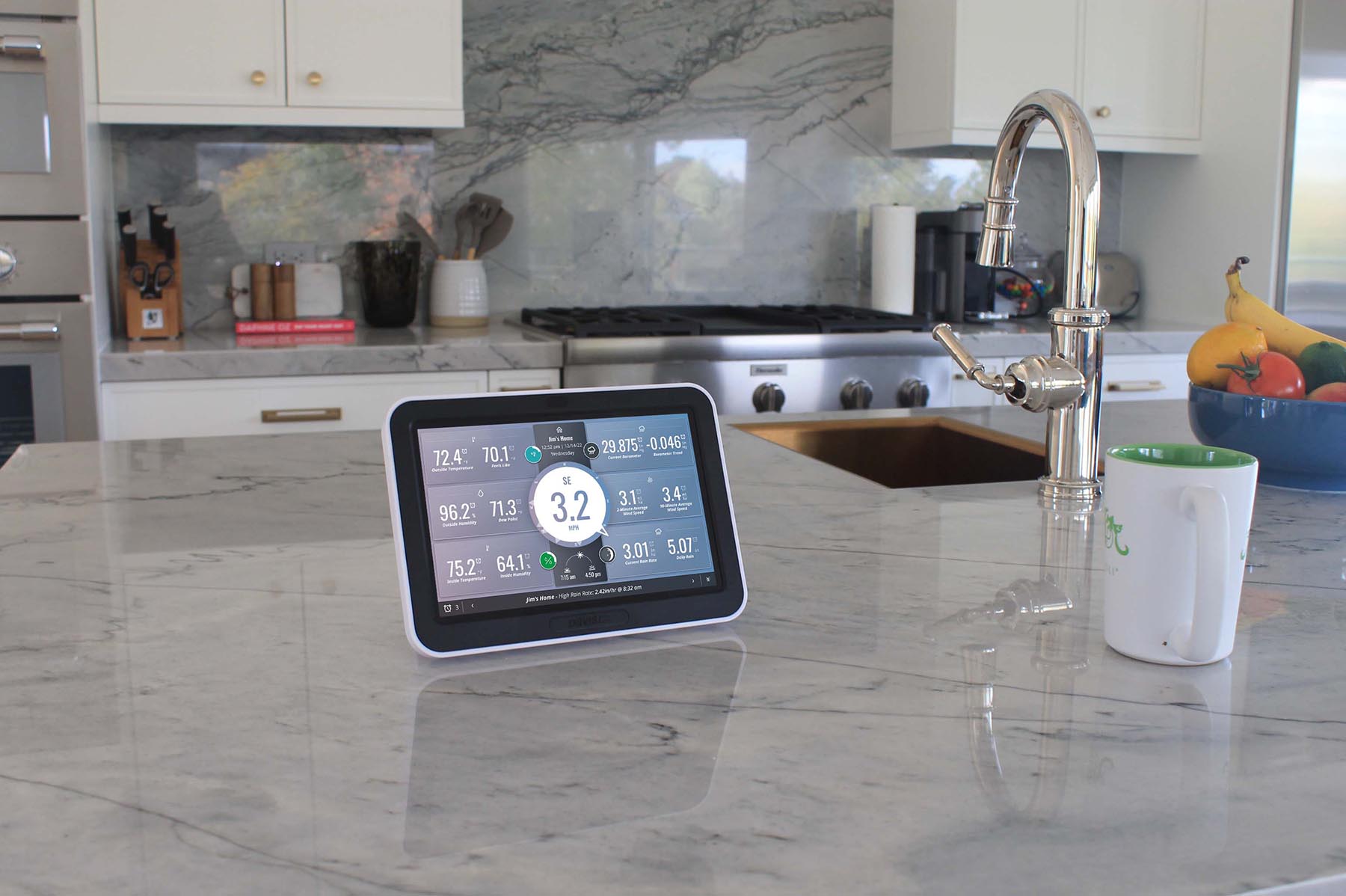 WeatherLink Console weather station display in kitchen